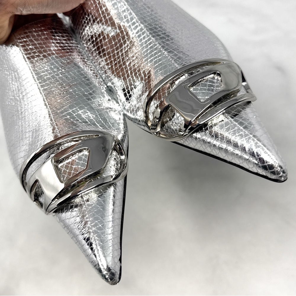 NEW Diesel D-Venus Snakeskin Metallic Metal Logo Pointed Toe Flat Mule Shoes 37 - Picture 5 of 16